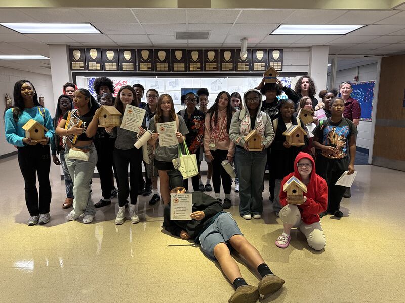 James Madison Middle School students building and decorating birdhouses