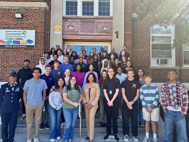 Students gathered on the steps of the Community Empowerment Center, Roanoke City